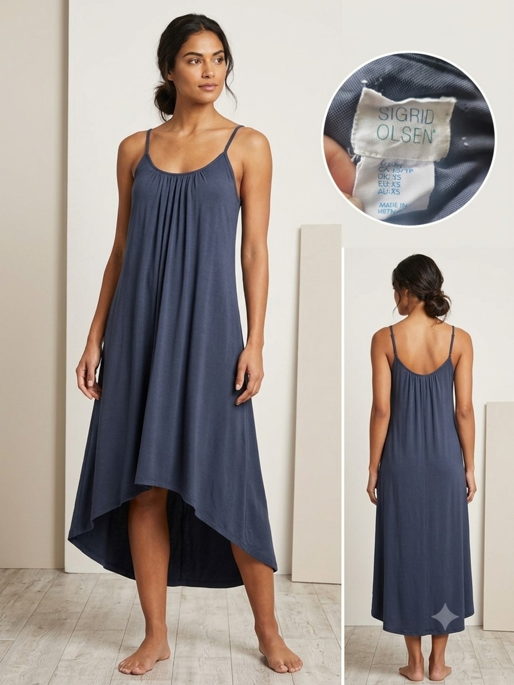Sigrid Olsen High Low Maxi Dress XS Gray Blue Spaghetti Strap Modal Blend Beach